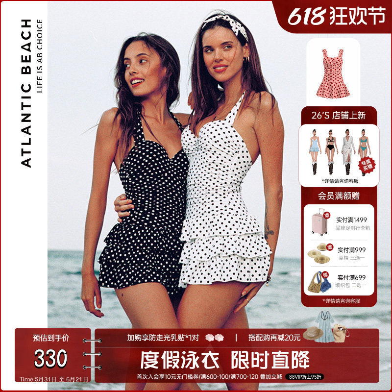 atlanticbeach度假泳衣复古波点裙式连体泳装夏季泡温泉遮肉显瘦