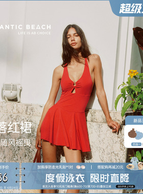 atlanticbeach度假红色连体裙式泳衣女遮肚显瘦高级感泡温泉泳装