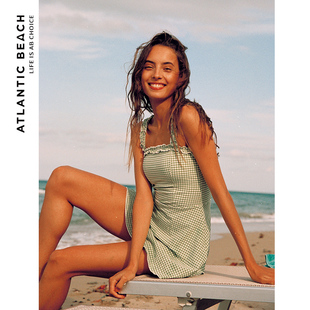atlanticbeach俏皮少女泳衣女复古格纹裙式 泳衣泡温泉度假泳装