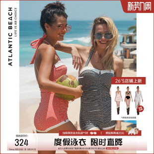 atlanticbeach度假泳衣 连体泳衣女 2024复古格纹系列性感挂脖时尚