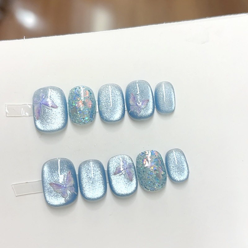 纯手工穿戴甲美甲假指甲蓝色蝴蝶猫眼爆闪甜酷显白美甲成品贴片