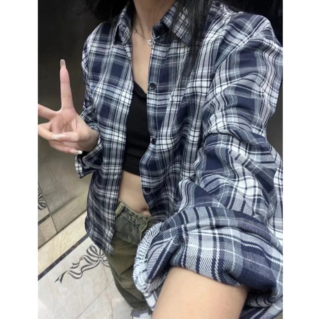 美式格子衬衫男女款春秋季2025新款宽松休闲长袖百搭衬衣复古外套