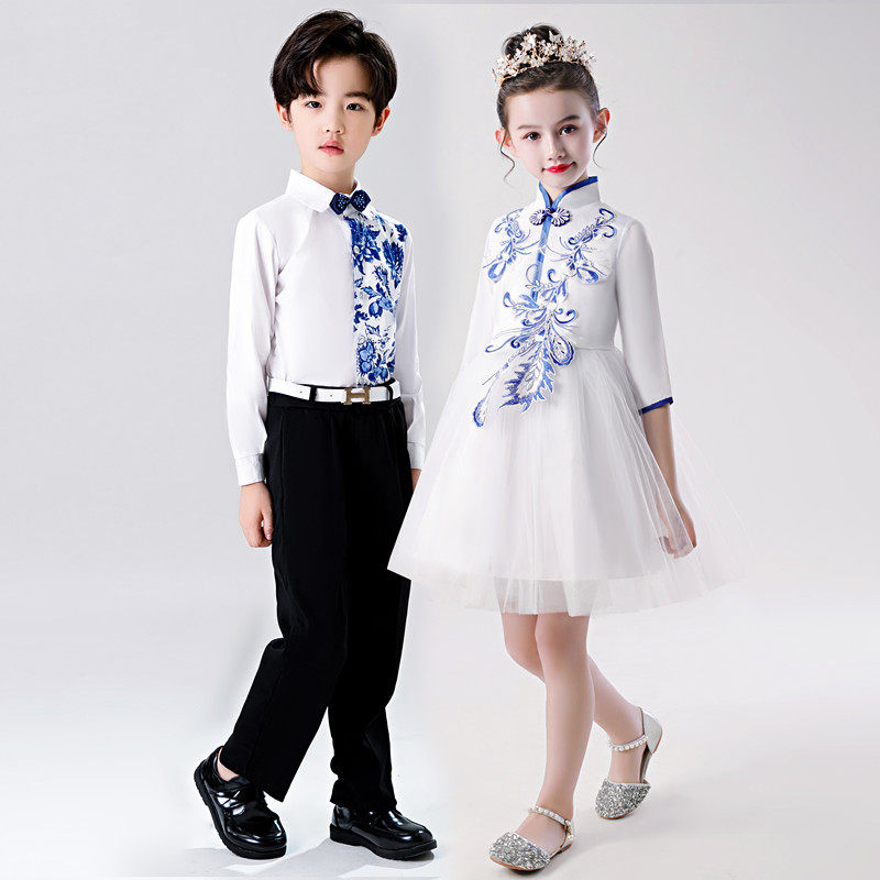 元旦儿童演出服装幼儿园中小学生大合唱男童女童舞蹈表演服青花瓷