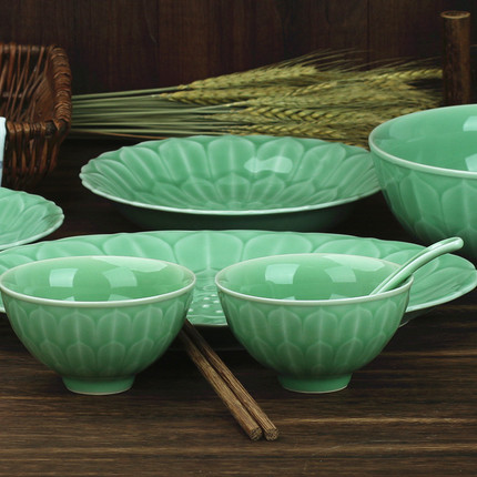 龙泉青瓷4.5英寸米饭碗中式餐具陶瓷家用个性创意菜汤盘汤碗鱼盘