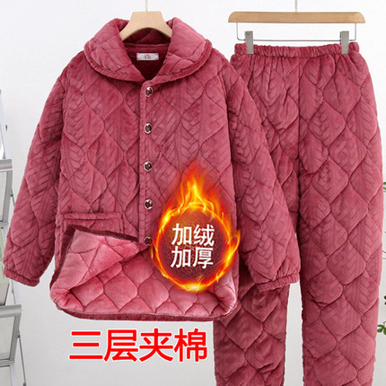 冬季款睡衣套装法兰绒三层夹棉加绒加厚家居服女士大码中老年妈妈