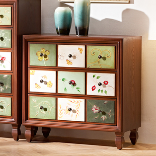 美式斗柜实木抽屉收纳置物客厅中古风阳台储物复古入户彩绘五斗柜