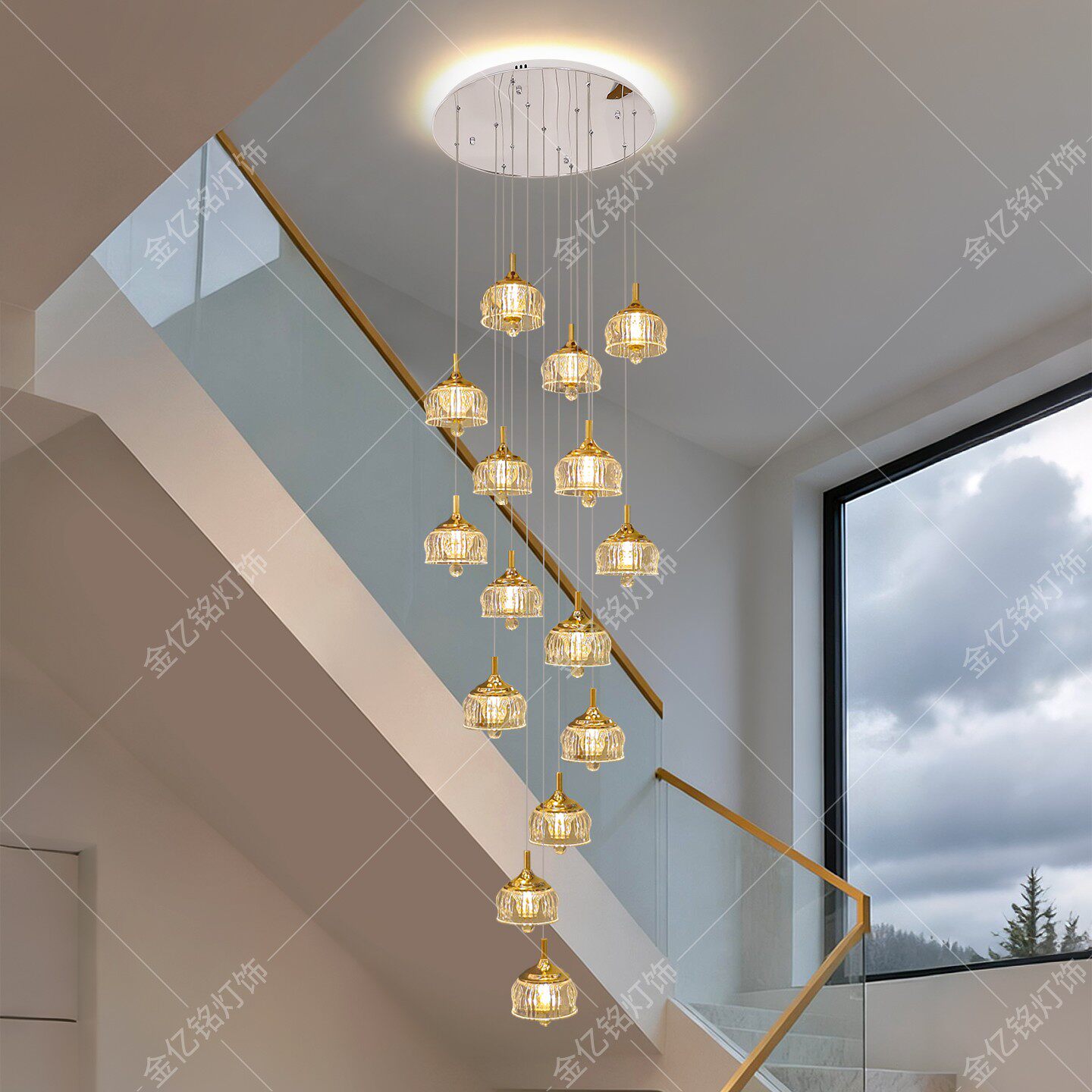 loft公寓轻奢楼梯间长吊灯现代别墅挑空自建房豪华复式楼大吊灯