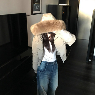 江西共青城羽绒羽绒服女短款冬季大毛领连帽90白鸭绒收腰加厚时尚