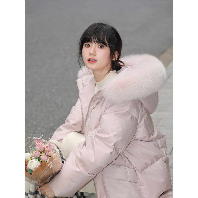 江西共青城羽绒羽绒服女中长款韩版宽松加厚简约时尚冬季大毛领90