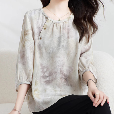 桐乡法丽服饰国风新中式真丝小衫 高端桑蚕丝上衣女圆领妈妈装