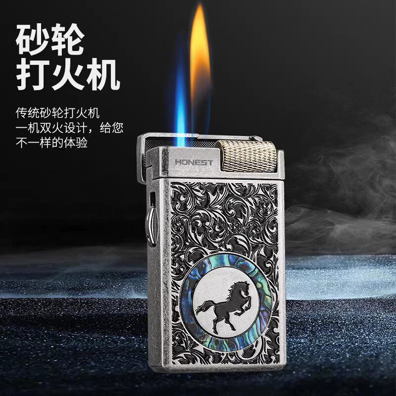 百诚新款防风充气打火机砂轮明火双形态火焰艾灸雪茄专用点火器潮