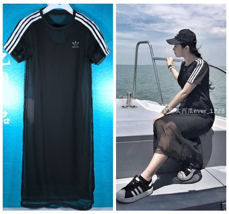 Adidas 阿迪达斯 三叶草 女黑色网纱短袖运动休闲长裙 BJ8189,运动服/休闲服装,运动连衣裙,淘宝优惠券,粉丝福利购,淘宝优惠卷