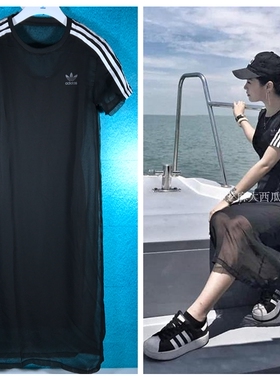 Adidas 阿迪达斯 三叶草 女黑色网纱短袖运动休闲长裙 BJ8189