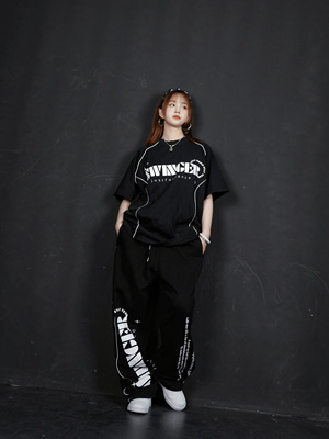 SWINGER原创线条设计街舞宽松hiphop跳舞短袖T恤男女黑色白色套装