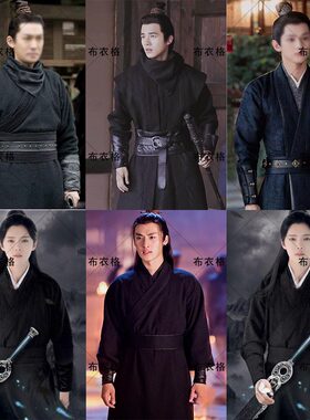 影视男黑衣人夜行衣棉麻小袖大侠服侠客服男剑客汉服黑色武侠古装