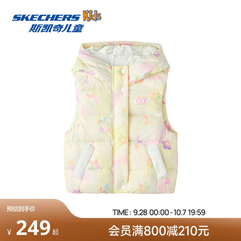 Skechers斯凯奇小童羽绒背心冬季女童可爱印花舒适保暖羽绒马甲