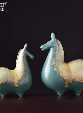 新中式陶瓷小马摆件家居饰品书房博古架唐马 客厅玄关装饰工艺品