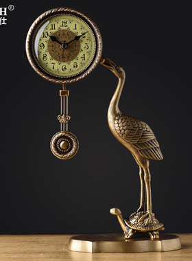 创意欧式全铜龟鹤座钟 客厅卧室复古静音台钟 时尚钟表大气时钟