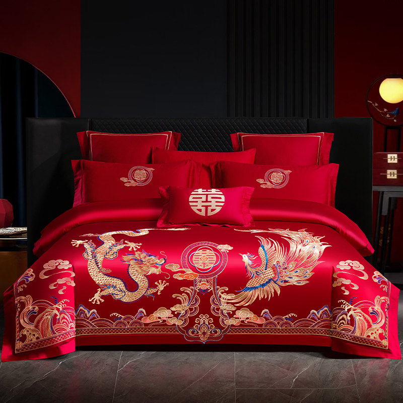 结婚大红刺绣四件套双喜龙凤被套床单新婚庆陪嫁铺床套件床上用品