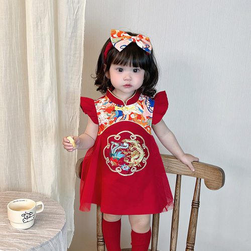 女宝宝红色抓周礼服生日裙子夏季
