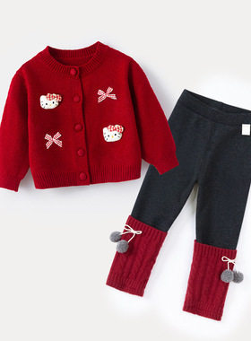 儿童加绒开衫外套女童红色毛衣秋冬女宝宝毛线衣婴儿针织衫套装