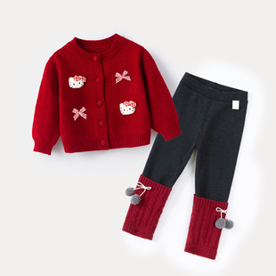 儿童加绒开衫外套女童红色毛衣秋冬女宝宝毛线衣婴儿针织衫套装