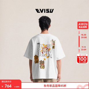【会员9折】EVISU福神 26秋新品男纯棉招财猫达摩印花宽松短袖T恤