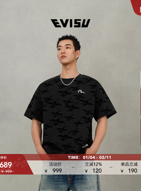 EVISU福神2025秋男女同款植绒刺绣短袖T恤2EAHTM5TS1164RXCT