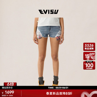 EVISU福神2026年夏季新品女士潮流百搭纯棉小海鸥破洞牛仔短裤