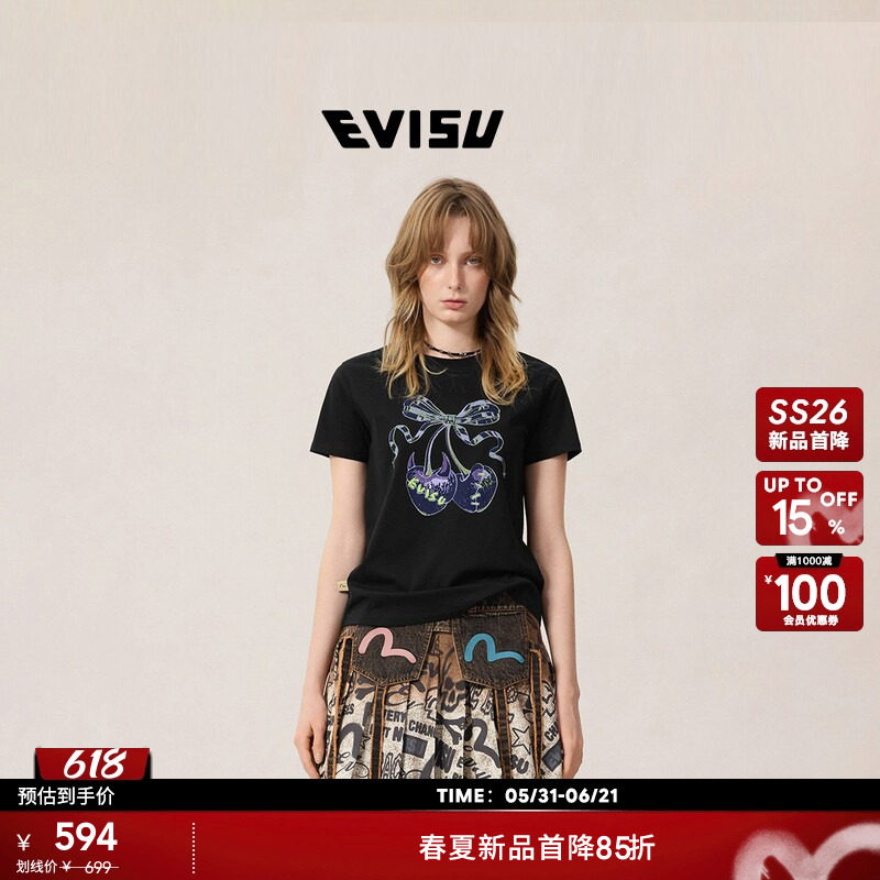 EVISU福神2026年春夏新品女士时尚百搭蝴蝶结图案舒适短袖T恤