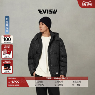 EVISU福神 2025冬季男士满地家花图案连帽通勤羽绒服夹克外套