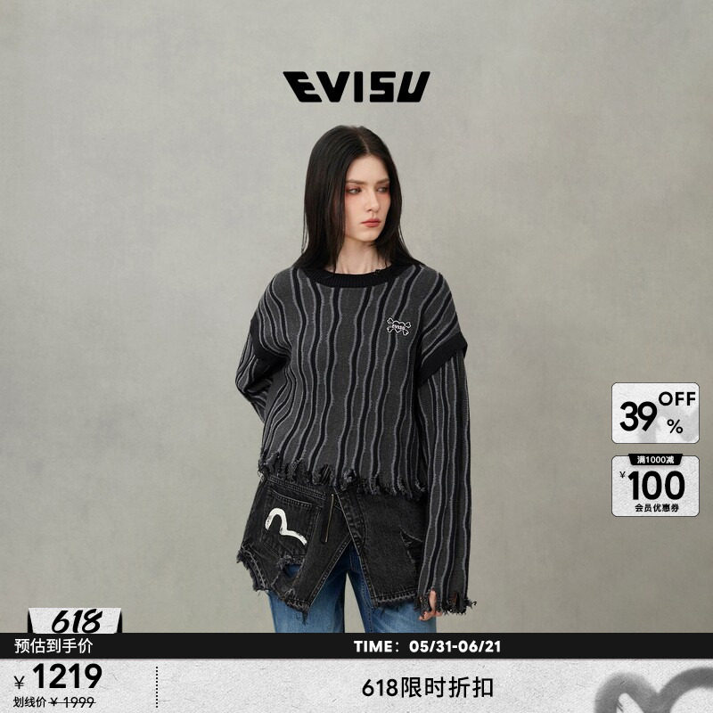EVISU福神 女骷髅心布贴绣时尚潮流休闲圆领针织卫衣