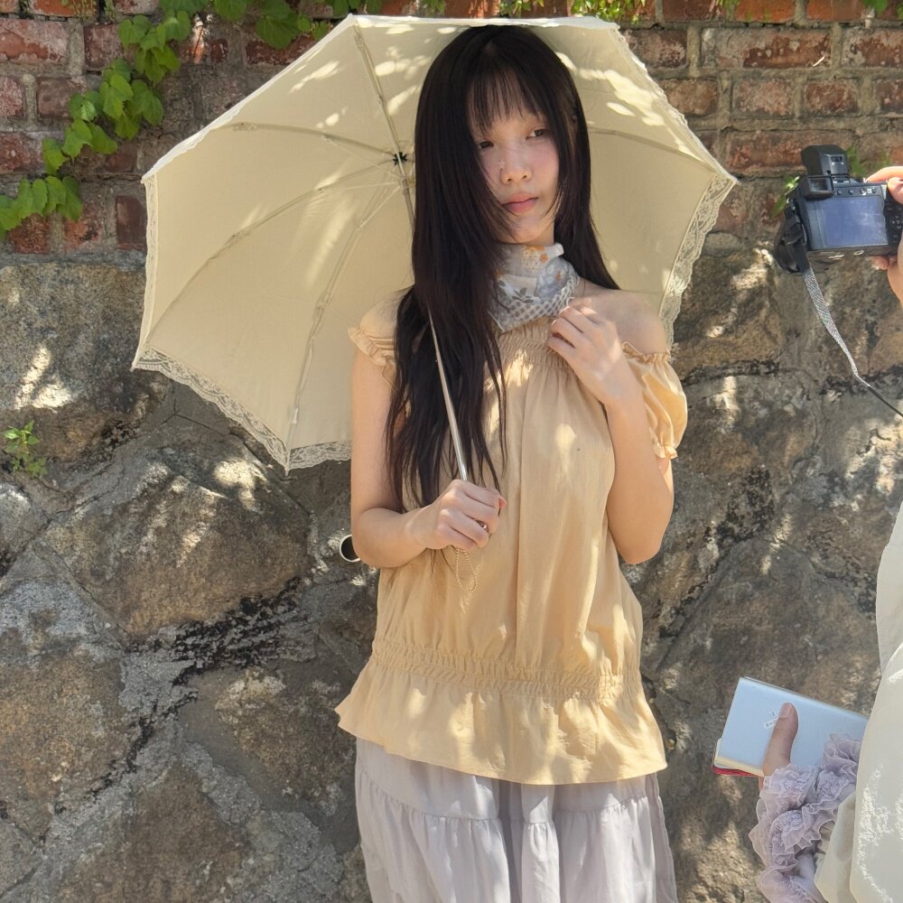 韩国复古甜美少女风日系木耳花边松紧领褶皱泡泡袖衬衫上衣
