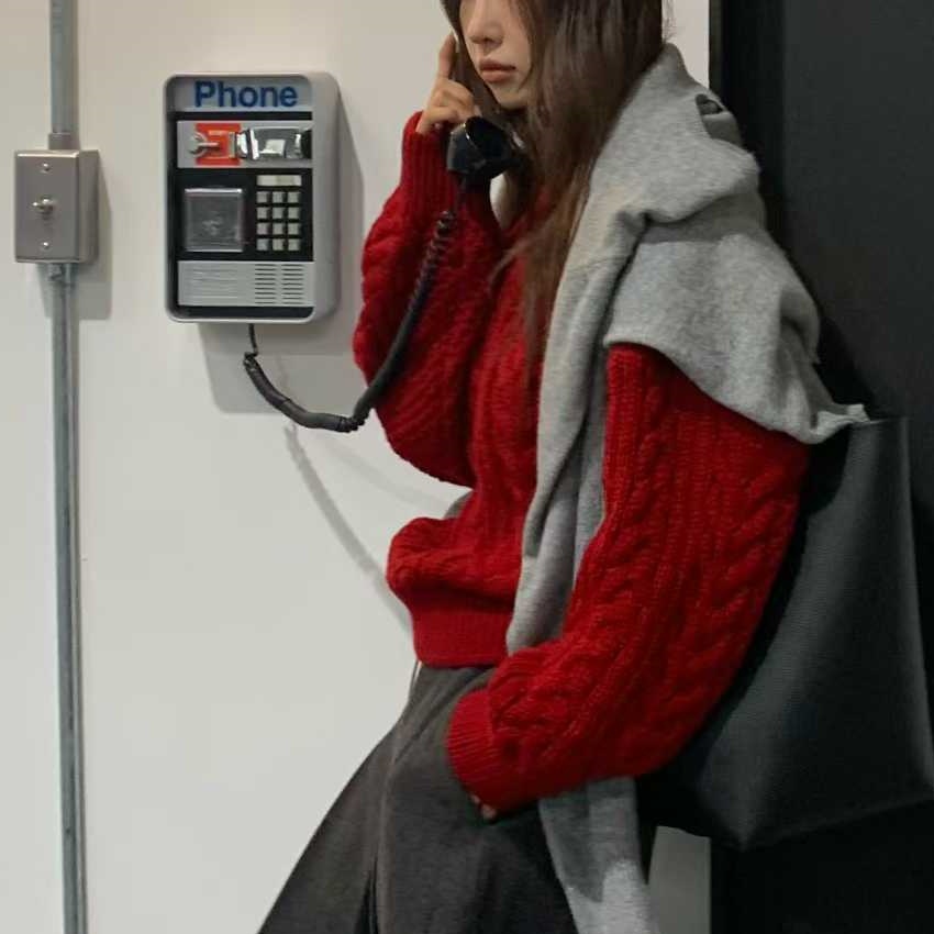 韩国东大门复古气质慵懒纯色麻花螺纹长袖套头针织衫毛衣