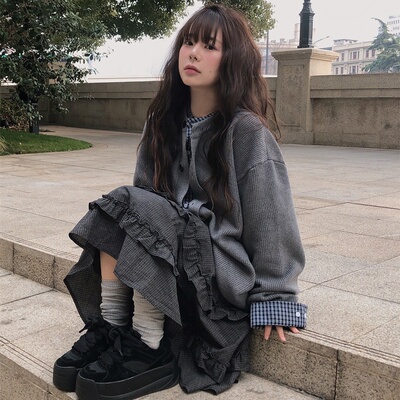 韩国甜美日系格子木耳边松紧腰系带蛋糕裙百搭小个子半身裙