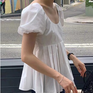 韩国ins简约气质大领减龄百褶设计显瘦泡泡袖衬衫娃娃衫上衣
