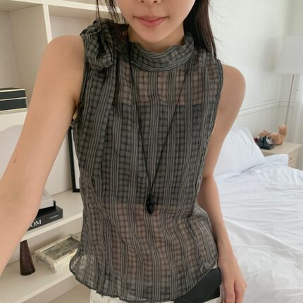 蝴蝶结系带立领衬衫女夏薄款温柔风无袖格纹高级感气质背心