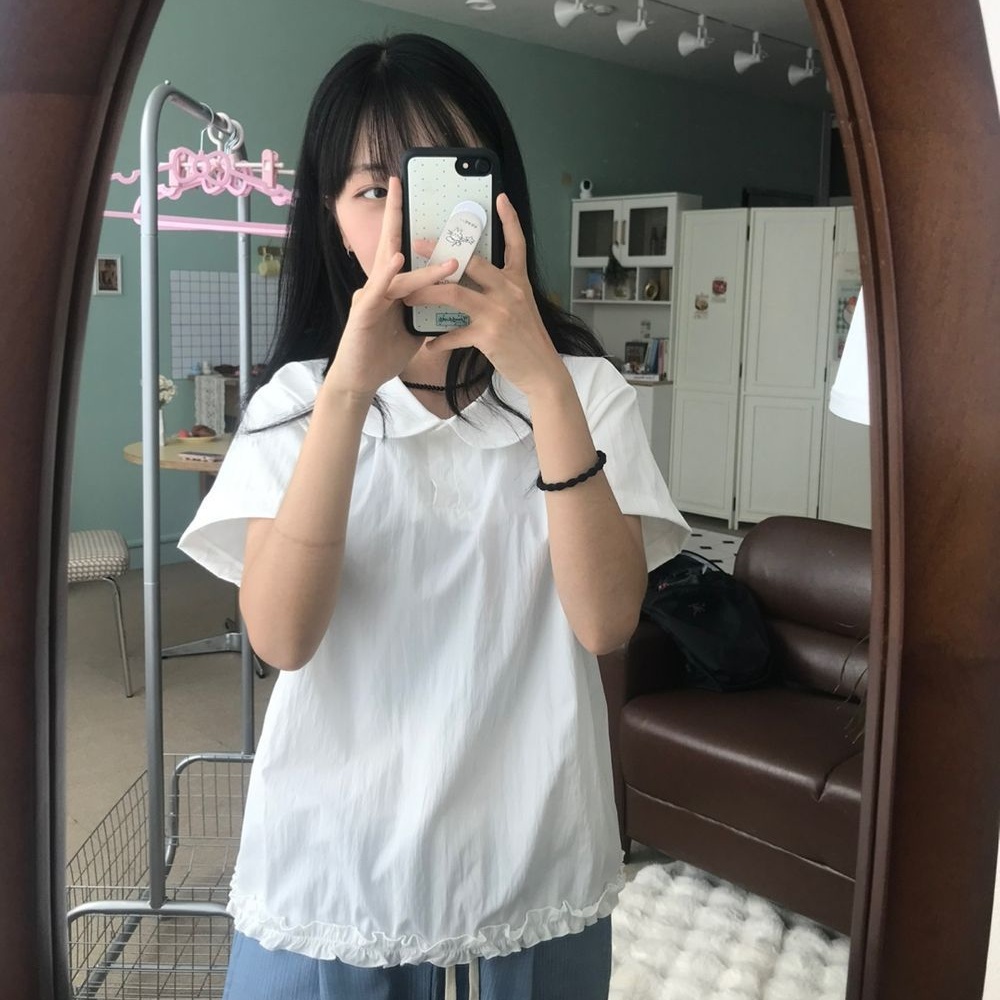 韩国东大门甜美日系学院风减龄娃娃领木耳花边休闲短袖衬衫上衣女