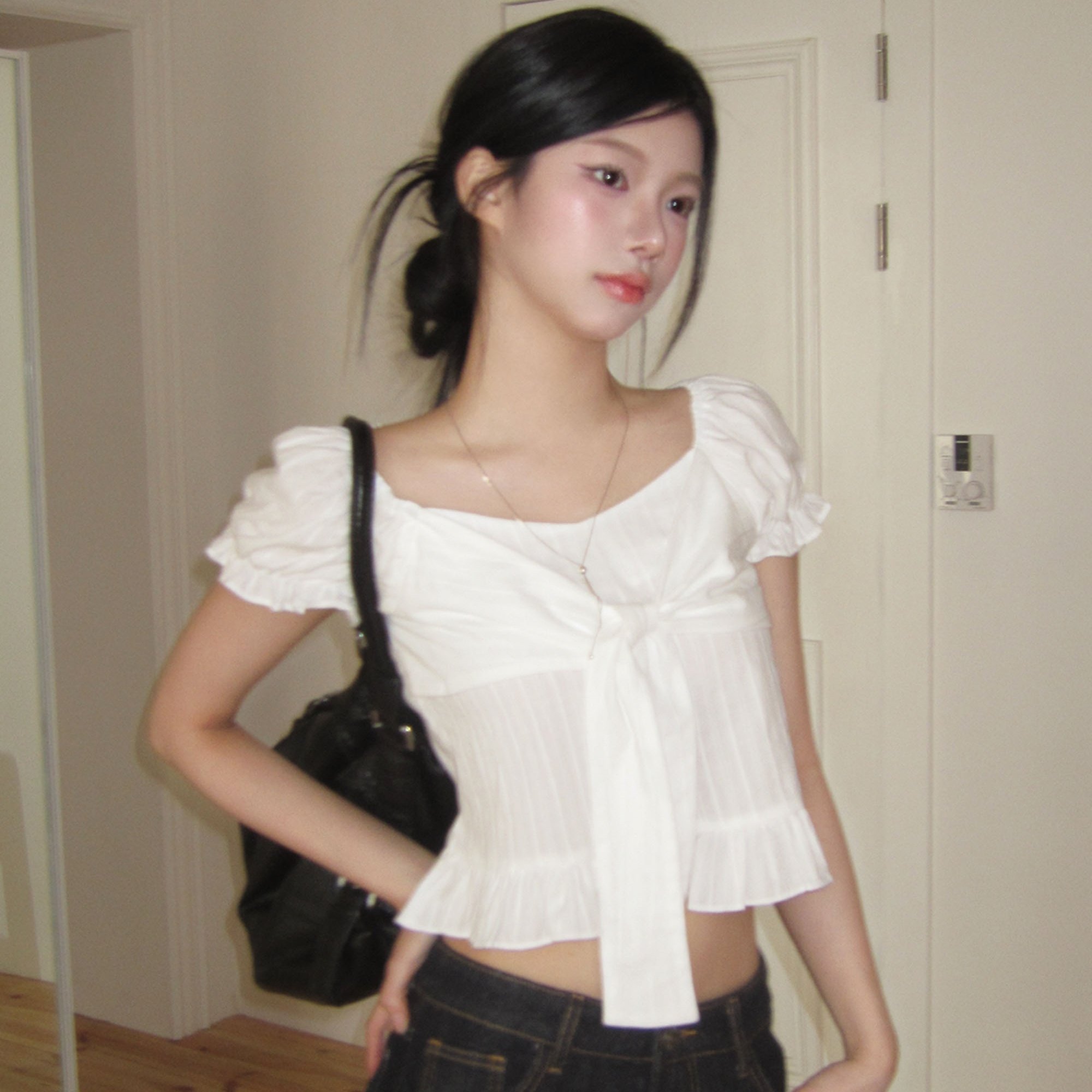 韩系甜美小众蝴蝶结系带荷叶边泡泡袖小个子短款衬衫上衣女