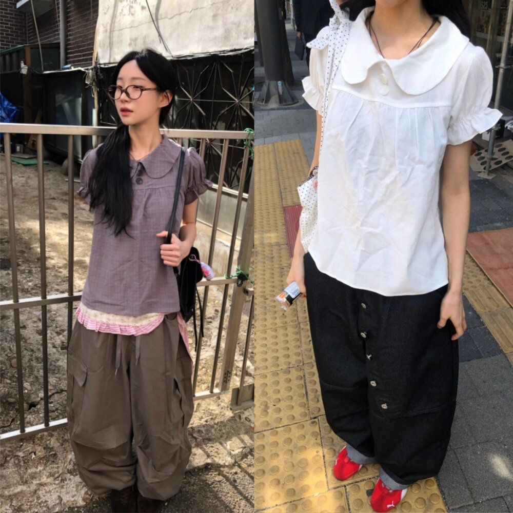 韩国甜美少女复古日系格纹娃娃领荷叶边泡泡短袖衬衫上衣