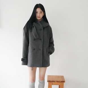 韩版日系学院风连帽双排扣毛呢外套减龄小个子呢子大衣女