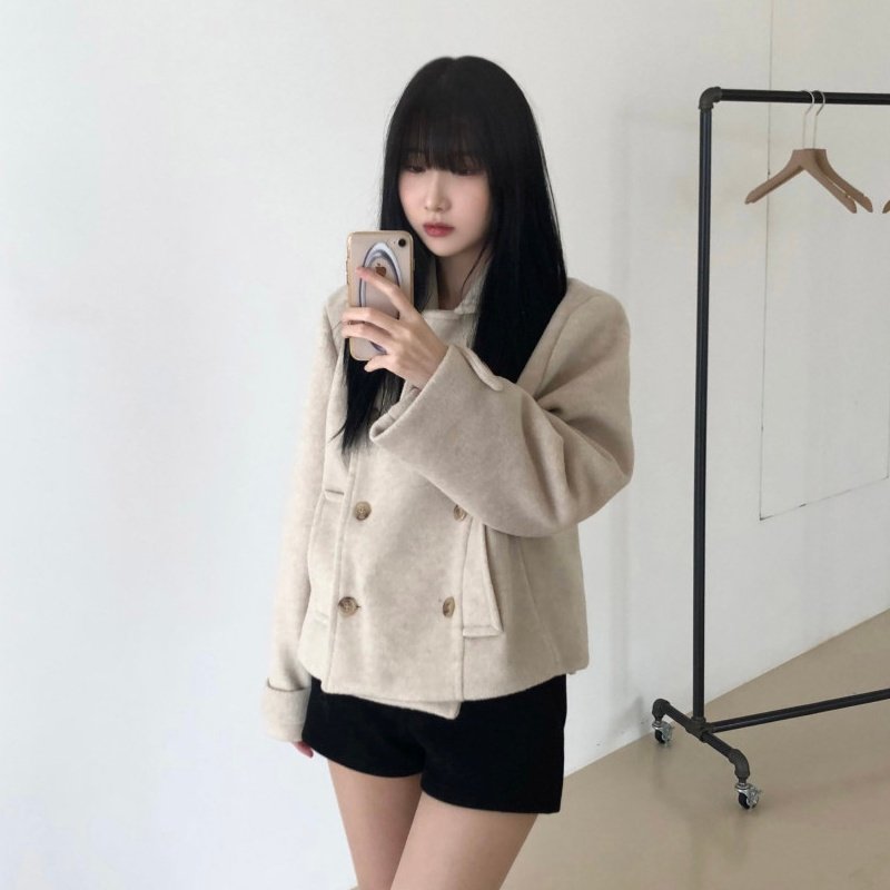 韩国复古学院风日系翻领双排扣夹棉短款羊毛呢外套大衣女