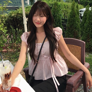 韩系法式甜美少女蕾丝花边蝴蝶结系带显瘦泡泡袖格子衬衫上衣