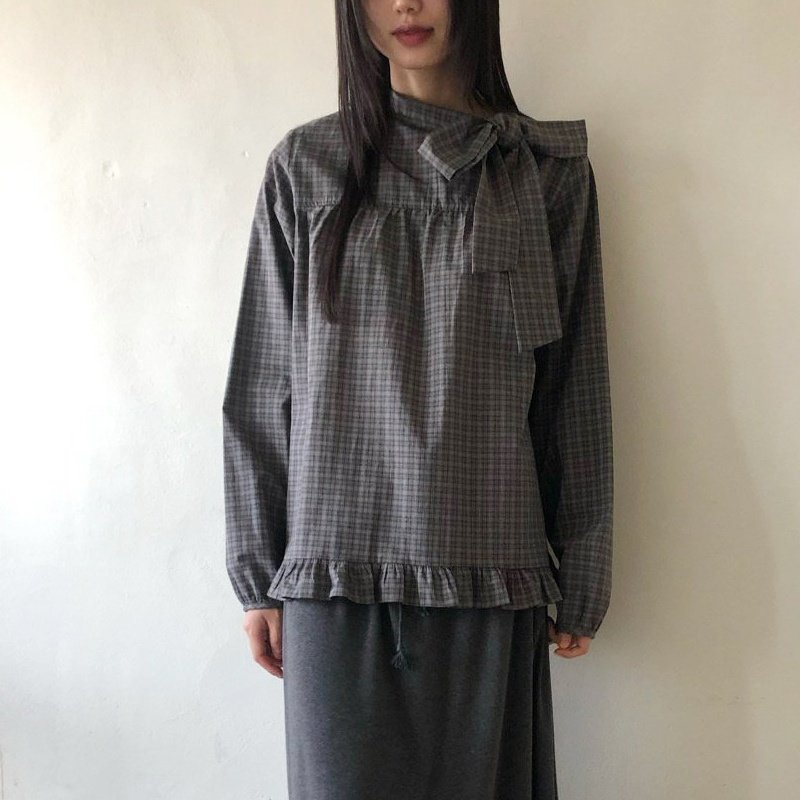 韩国复古格子领口飘带蝴蝶结系带荷叶边泡泡袖衬衫日系上衣