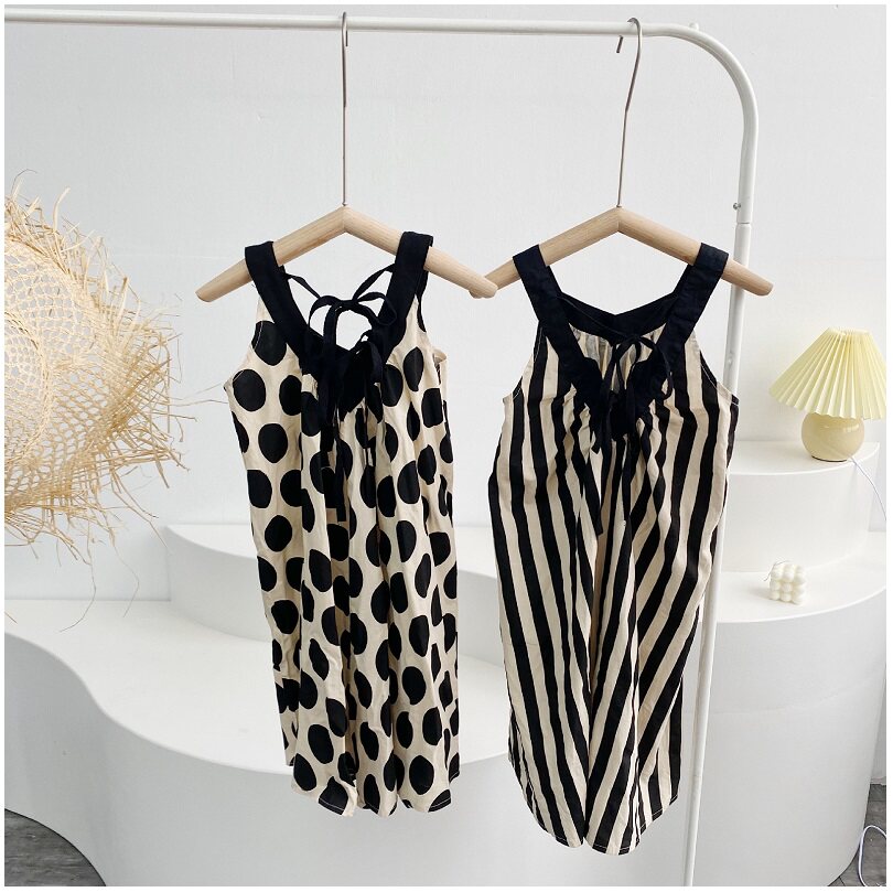 儿童露背吊带裙夏季新款女童波点竖条裙女孩子凉快系带美背连衣裙