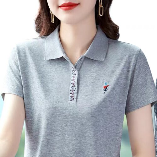 短袖t恤女大码夏装时尚减龄中年妈妈polo衫翻领宽松百搭绣花上衣