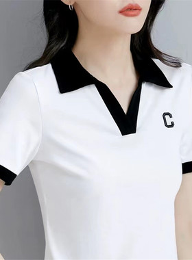 翻领短袖t恤女v领白色夏季大码女装2023新款显瘦休闲Polo体桖上衣