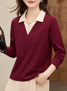 早秋假两件上衣翻领长袖t恤女士薄款新款秋季爆款洋气女装打底衫