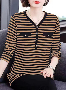 条纹长袖t恤女士中长款妈妈秋装新款春秋季上衣v领大码宽松打底衫
