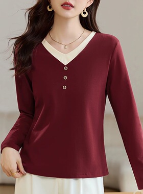 v领长袖t恤女新款早秋女装假两件洋气减龄妈妈上衣气质显瘦打底衫